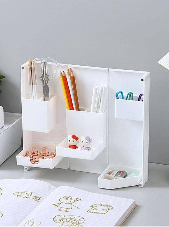 3 Steps Foldable Table Storage Box Organizer Stationery & Cosmetics Organizer Smart Folding Organizer Portable Desktop Organizer KS