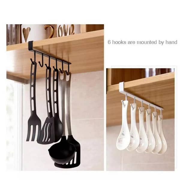 6 Hooks Metal Hanger For Kitchen, Mug Cup Storage Rack Cupboard Hanging Coffee Cup Organizer Closet Clothes Shelf Hanger Knife, Spoons