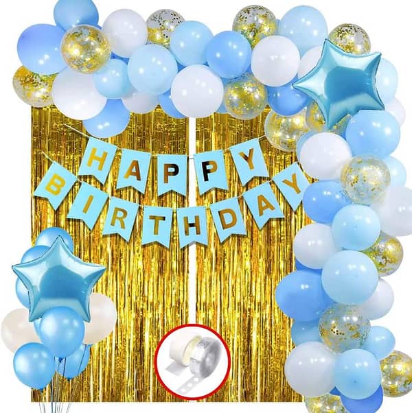 Happy Birthday Decoration Kit Combo 30 pcs balloons (10 white balloons &10 light blue balloons and 10 pcs confetti) 2 foil star light blue and 1 light blue banner