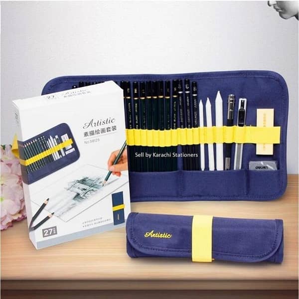 27pcs Professional Sketch and Drawing pencils set kit in fabric pouch, Charcoal Pencil blenders erasers paper cutter