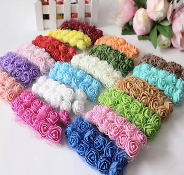 (Pack of 48 Flowers) 2 cm Artificial Rose Flowers Wedding Bride Bouquet Silk Foam Home Decor Rose Flowers