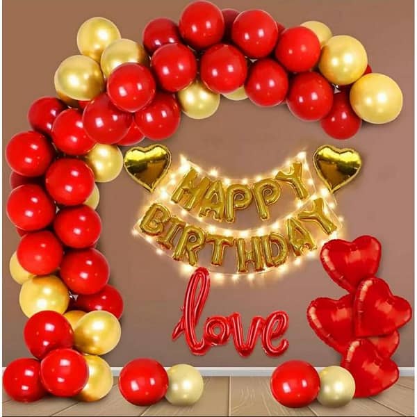 Happy Birthday Red & Golden Decoration Set Including Birthday Foil + 30 Balloons Red & Metallic Golden+ Fairy Light +2 x Red Heart & Golden Star-Birthday & Party Themes- Birthday Items & Supplies