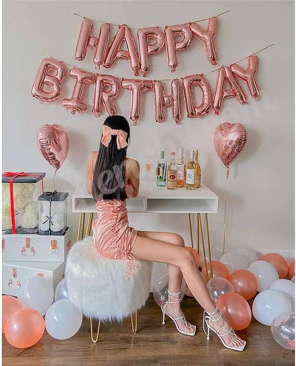 Birthday Rubber Decoration Items 30 pcs balloons ( white & rose gold and confetti ) 1 rose gold happy birthday foil  2 pcs rose gold heart