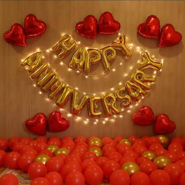 Happy Anniversary Decoration Set Including Anniversary Foil + 30 Balloons + 3 x hearts with add Up Of Fairy Light- Happy Anniversary Themes & Decors