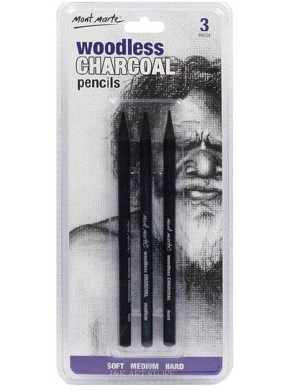 Mont Marte 3 Pieces Set Woodless Charcoal Pencils,Artists Charcoal Set (Soft,Middle,Hard) For Sketching And Drawing