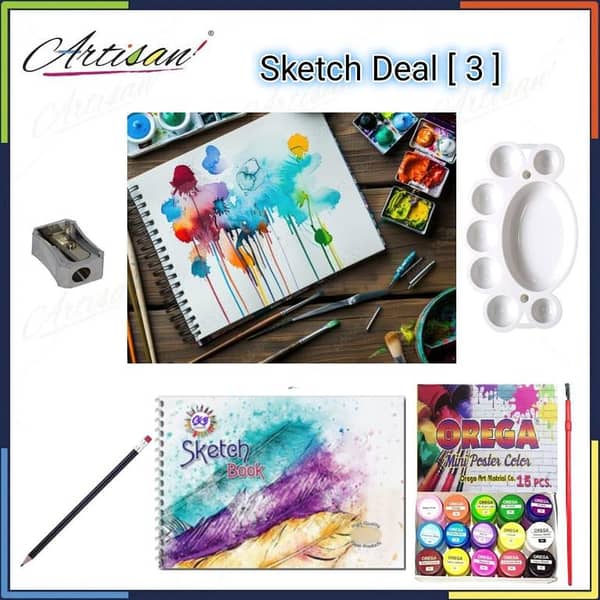 Sketch Deal 3: A4 Sketchbook, 15 Orega Poster Colors with Brush, Mixing Palette, 1 HB Pencil with Eraser, 1 Sharpener