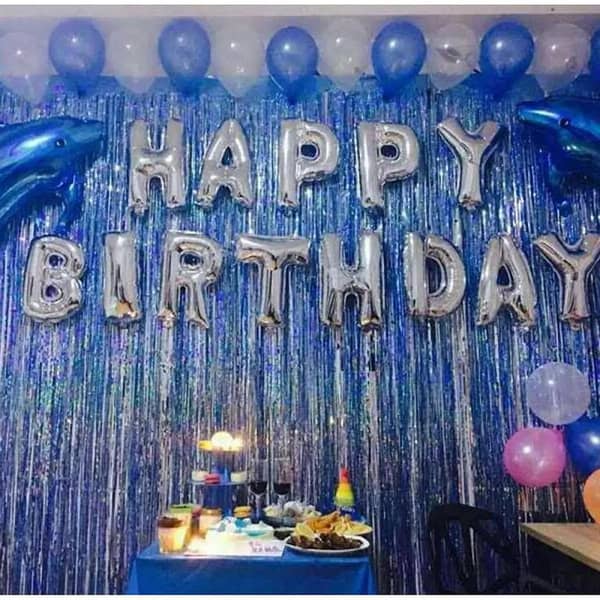 34 Pcs Set - Silver Blue Happy Birthday Theme With Silver Alphabets and Blue Background Curtain