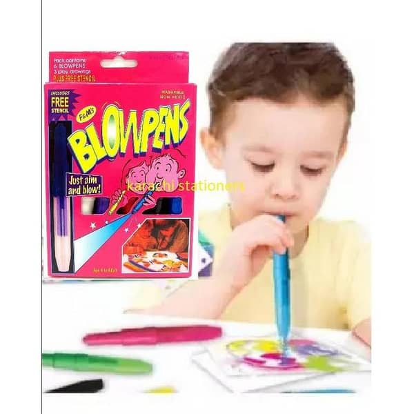 Pack Of 5 Non-Toxic Water Based Blow Pen Set With Stencils For Kids Diy Painting