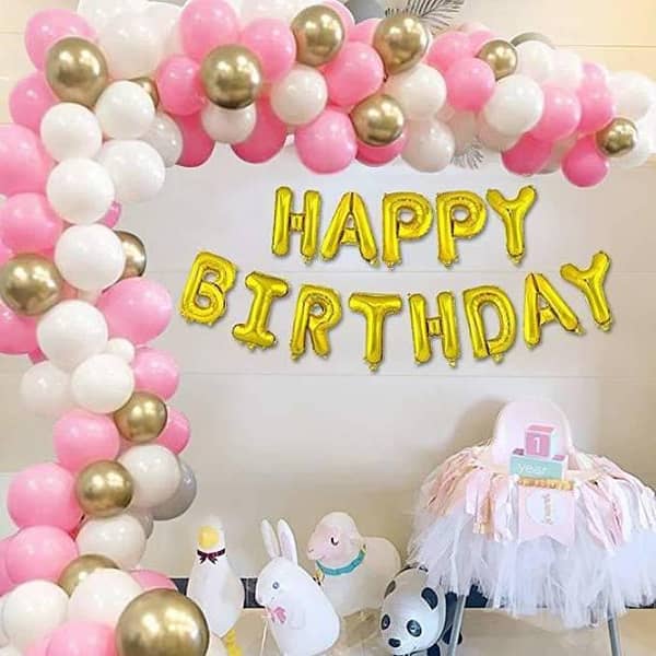 Happy Birthday Golden with Pink & White Set For Birthday Decoration and Celebrations,-(K. S. )