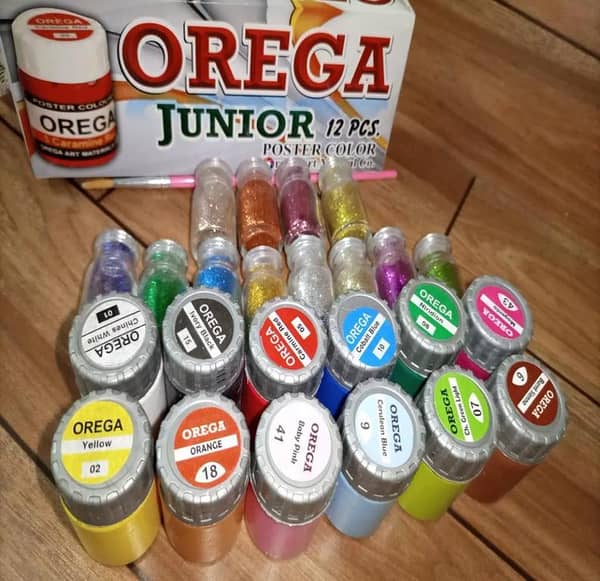 12 Orega Poster Color + 12 Glitter + 1 Paint Brush / Colors - 12 different shades bottles 30cc + 12 Glitter + 1 Paint Brush / Orega Colours