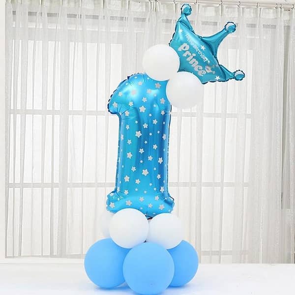 1 Set Foil Number Balloon Thicken Latex Air Balloons with Crown Anniversary Blue Pink Baby Shower Kids Birthday Party Decoration,-(K. S. )