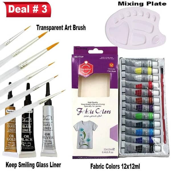 Fabric Painting Deal No. 3 include Keep Smiling Fabric Color Set OF 12x12ml // Transparent Stick 6pcs Round Art Brush Set // Colour Mixing Plate 10 Pot // Keep Smiling Glass Liner 12m