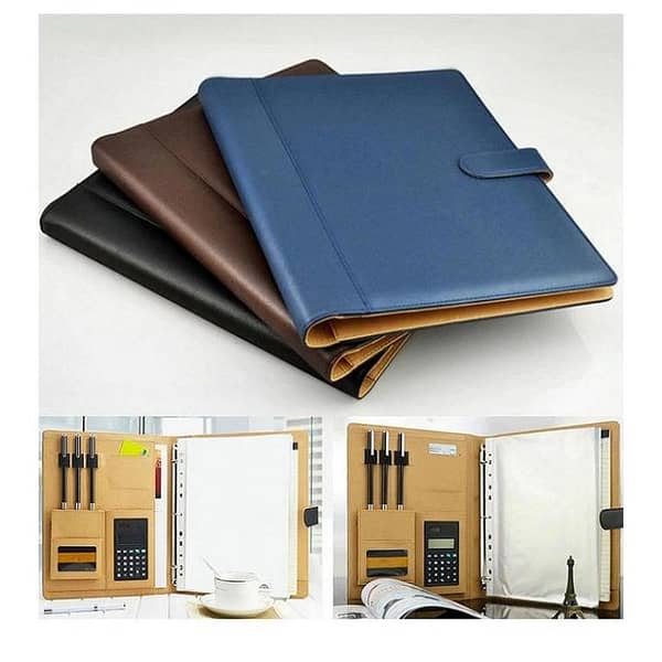 Brown - 8 Pockets File Folder A4 PU Ring Binder Display Notebook Folders with Calculator Document Bag Organizer Business Office Supplies