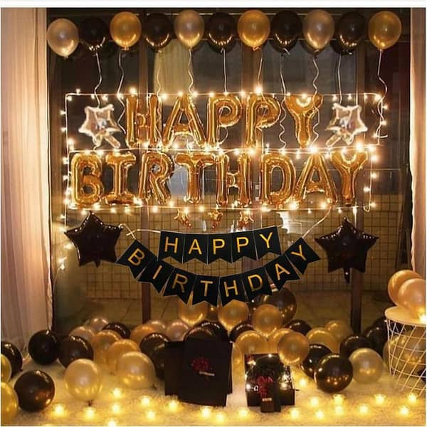 Goldie Happy Birthday Theme Decoration Set Happy Birthday Card & Foil Balloon Set, '1'Bulb Fairy Light 20 Feet Long For Charming Birthday Party With '4'Foil Stars Balloons and '30'Latex Balloons Set-Beautiful Birthday Accessories