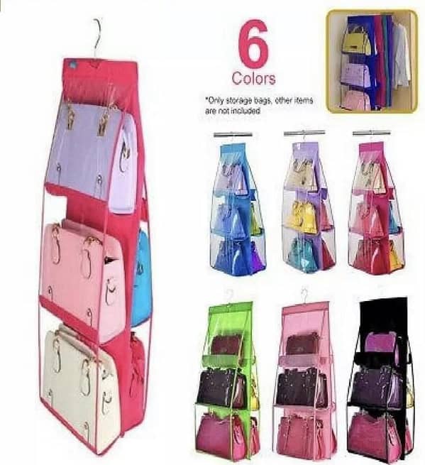 With Extra Thickness 6 Pockets Hanging Purse Handbag Organizer Clear Hanging Shelf Bag Collection Storage Holder Collection Wardrobe Closet Space Saving Anti-dust Cover