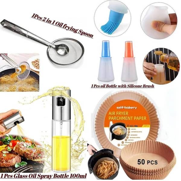 Ultimate Cooking Set: 2-in-1 Oil Spoon, Oil Bottle with Silicon Brush, Oil Spray Bottle & Air Fryer Parchment Paper