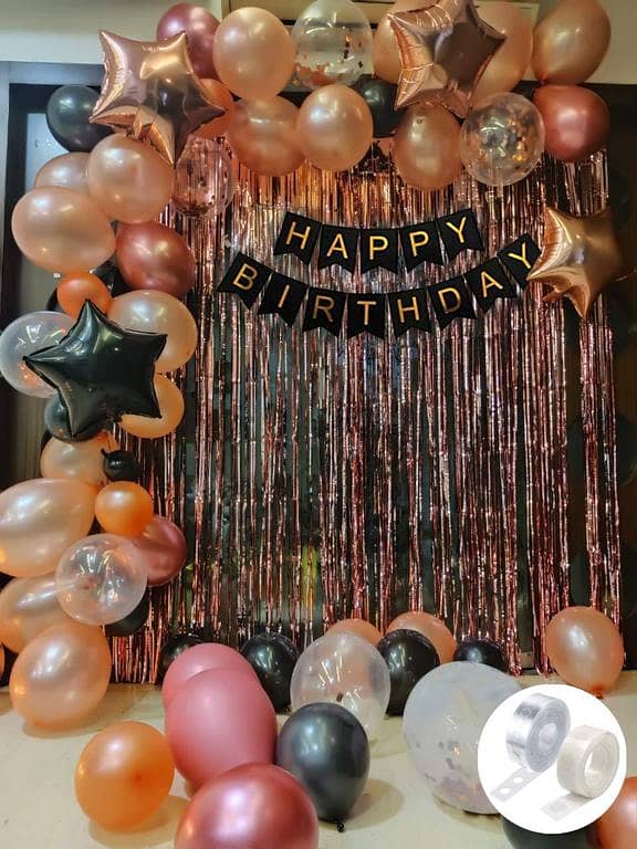 Rose Gold Birthday Decorations Combo Black Banner With Confetti Balloons, Star Foil Balloons, Foil Curtain