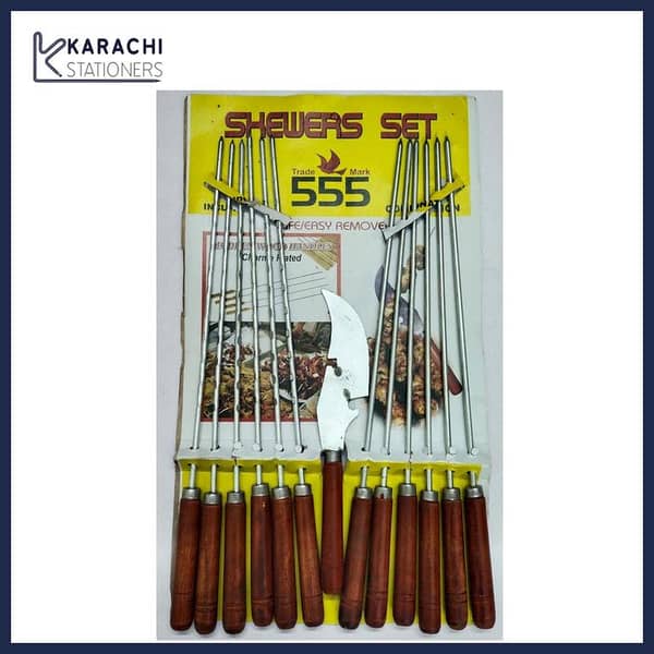Barbecue Skewers 13 pcs set,  6pcs Flat & 6pcs Round Metal Skewers Steel Sikh Kebab with Wooden Handle BBQ Tikka Boti Grilling Skewers BBQ skewers set