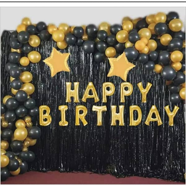 Happy Birthday Black & Golden Theme ( Including 16 Inch Happy Birthday Foil Balloon - 30 Balloons Black & Gold -1 pc Black Curtains 6 Feet Length & 3.5 Feet Width -2 Pc Gold Stars ) Birthday & Party items Birthday & Party Accessories Birthday Decorations