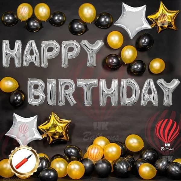 48pcs Happy Birthday Silver with Golden & Black Theme Set For Birthday Decoration and Celebrations,-(K. S. )