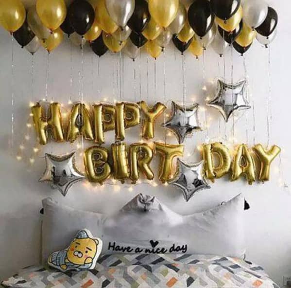 Happy Birthday Golden with Silver, Black and Golden Latex Balloons & Fairy Lights Theme Set For Birthday Decoration and Celebrations,-(K. S. )