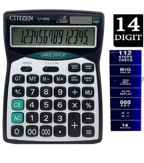 CT 9300 Calculator Black CH-453 CT-9300 Desktop Calculator Solar Dual Power Calculator 14-bit Large Display Calculator for Office, Business, Electronics