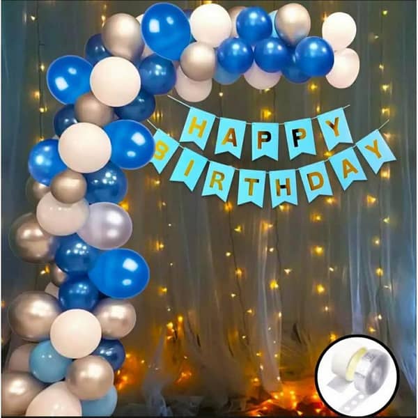 Happy Birthday Blue & Silver Theme Set ( Including Birthday Banner + 30 Balloons( Blue-White & Silver) + 21 Feet Light ) Birthday & Party Items Birthday Celebrations -Birthday Decorations Birthday Themes -Home Decor For Birthday