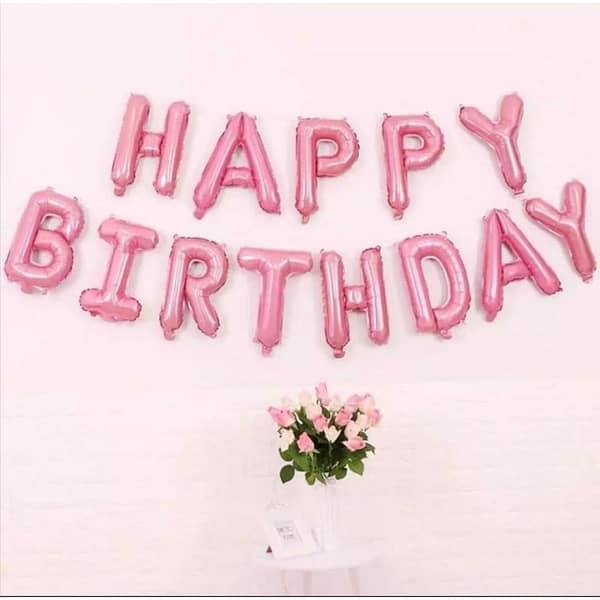 Baby Pink - 13 Pcs Happy Birthday Foil Balloons Set - Chain Banner Style For Decoration 16 inch Each Alphabet Letters Solid Foil Shinning Party Decoration