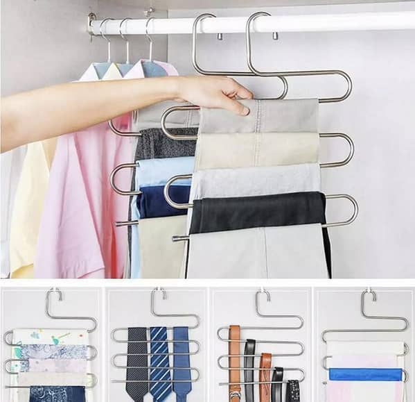 Stainless Steel Trousers Hanger - 5 Layers S Shape Multi function Pants Storage Hangers Closet Belt Holder Rack Saving Space