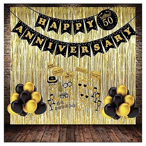 Happy Anniversary Gold & Black Decoration Set With Banner Curtain & Balloons