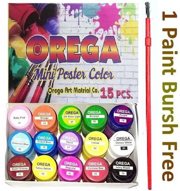 1 Brush With 15 Orega Poster Color Colours Colors - 15 different shades bottles 15cc