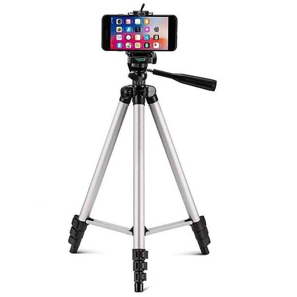 Aluminium Tripod Stand Adjustable Portable 4.5 Feet With Carry Case and Mobile Phone Holder - Silver-(KS)
