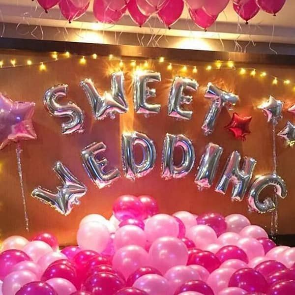 SWEET WEDDING Silver Foil Letter with Red & Pink Color Balloons Set For Wedding Celebration and Decoration,-(K. S. )