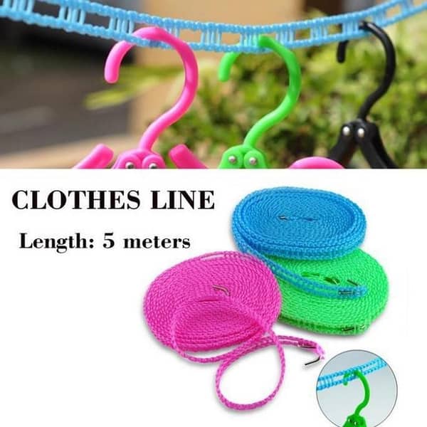 5 Meter Length Nylon Non-slip Laundry Clothesline Hang Rope With Both side Hook Travel Camping Windproof Clothesline Drying Rope Clothes Hangers