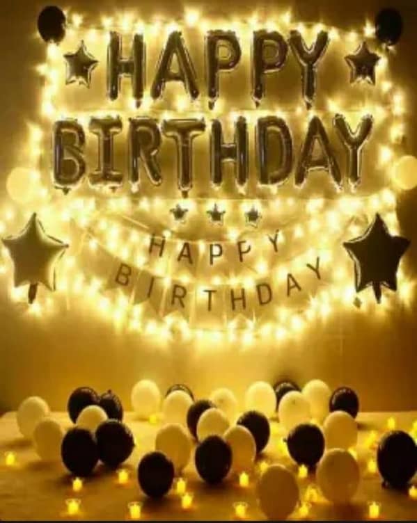 Happy Birthday Grand Decoration Theme Set in Golden / Silver - ( Including 13 Pcs Foil Balloon + 4 Foil Stars + 30 Latex Balloons (Golden, Black & White) + 2 Golden Fairy Lights + 13 Pcs Banner Card ) Birthday Decorations & Party Accessories