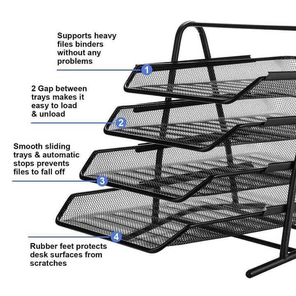 Heavy Duty Metal 4 Tier Letter Tray - Black