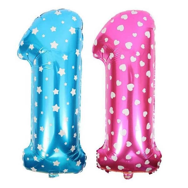 Number 1 Pink / Blue Heart / Star Printed Foil Balloon for 1st Birthday Party Decoration,-(K. S. )