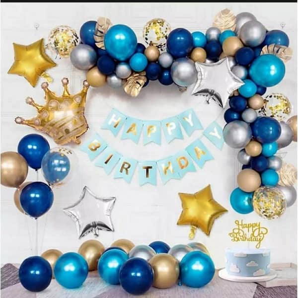 Happy Birthday Decoration Set With Sky Blue Happy Birthday Card Banner, '30' Metallic Shining Balloons & '5' Filled Confetti Balloons and '2'Star Foil and '1'Crown Foil Balloon for Birthday Decoration-Beautiful Birthday Accessories