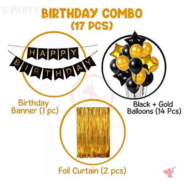 17Pcs Happy Birthday Golden Foil Curtain, Banner And Balloons Decoration Items Combo For Birthday Party Supplies