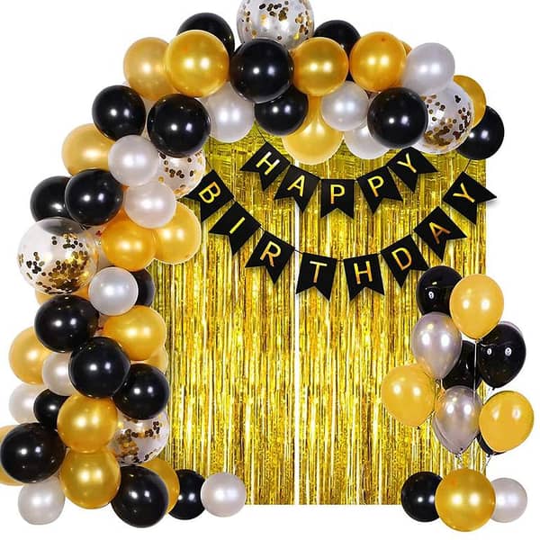 Beautiful theme of Happy Birthday Cards Banner with combo of '30' PCs balloons 5 pcs confetti '1'Golden Fringe Curtain(6x3.5feet) for Birthday Decorations