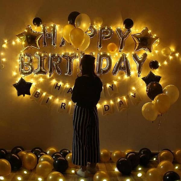 Goldie Happy Birthday Theme Decoration Set Happy Birthday Card & Foil Balloon Set, '1'Bulb Fairy Light 20 Feet Long For Charming Birthday Party With '4'Foil Stars Balloons and '30'Latex Balloons Set-Beautiful Birthday Accessories