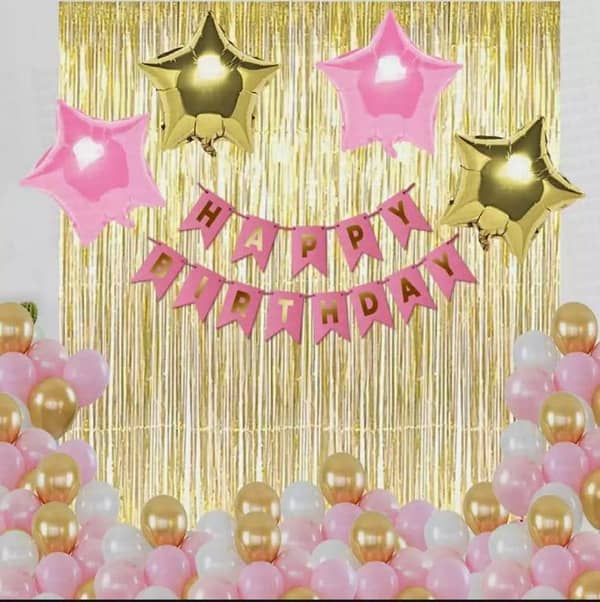 Happy Birthday Golden & Pink Theme Set ( Including pink Birthday Banner -30 Balloons Pink ,White & Golden -Curtains 6 Feet Length & 3.5 Feet Width -4 x stars pink & Gold ) Birthday & Party Items Birthday Accessories Birthday Themes Pink Birthday Themes