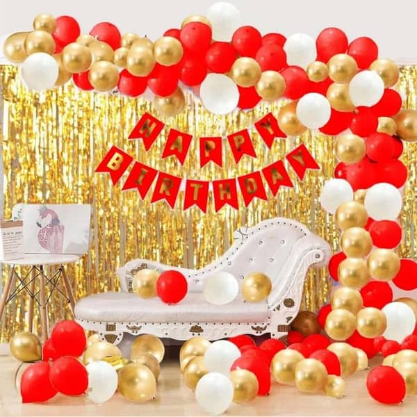 34 pcs Happy birthday Golden & black Theme Set ( Including 1 Pc Birthday Banner-1 Pc Curtain 6 Feet Length & 3.5 Feet Width-30 Balloons Golden &black)Birthday & Party Decorations -Birthday and Party Items-Pink & Golden Theme