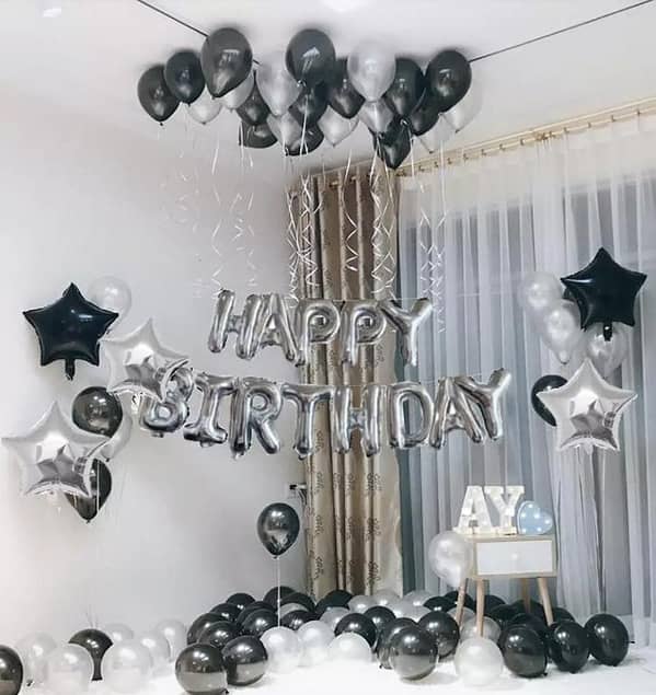 Happy Birthday Silver & Black Theme Set For Birthday Decoration and Celebrations,-(K. S. )