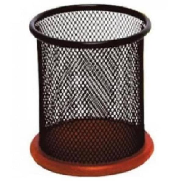 Round Metal Pen Stand and Stationery Organizer with Wooden Base - Black & Brown