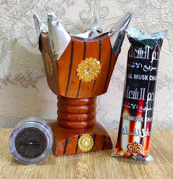 Pack of 3: Medium Non-Electric Wooden Burner, Bakhoor Incense Powder, and Coal Packet