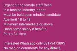 Urgent Hiring Smart Fresh Female Staff indoor In A Fashion Industry
