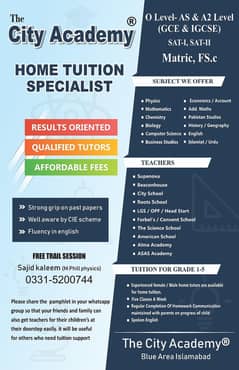 Experienced Female home Tutor required in i-8 & G-10