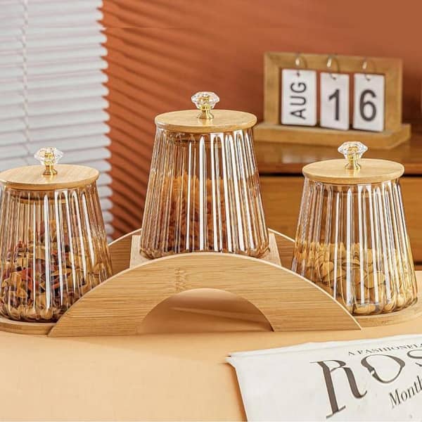 3-Piece Borosilicate Glass Jar Set with Bamboo Lids and Stand – Airtight Storage Containers for Spices and Food Organization