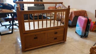 100% Wooden Baby cot + swing + storage space + mattres
